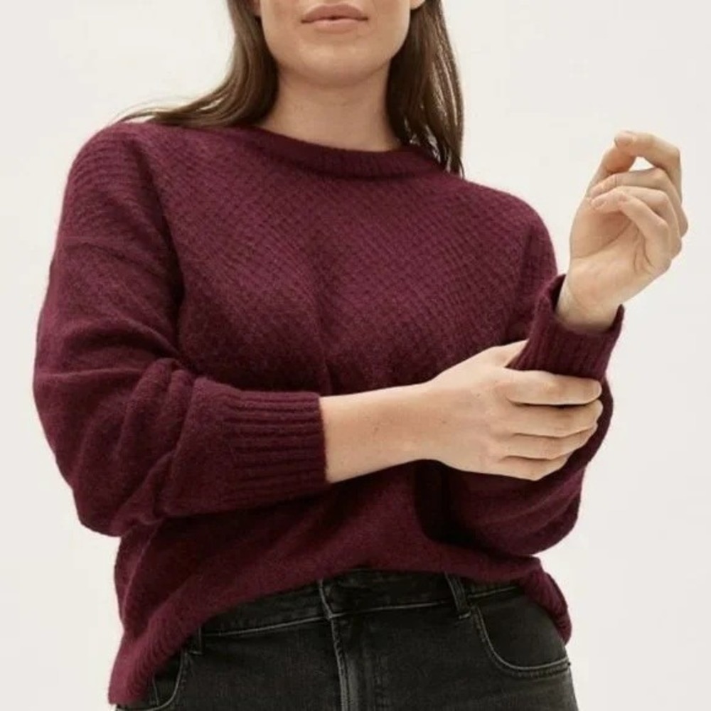 Everlane Alpaca Crew Sweater Size M Oxblood Sheer Diamond Stitch Lightweight
